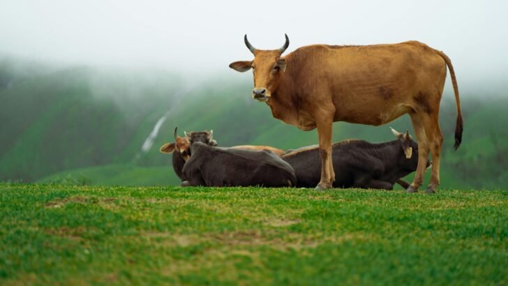Sapi kurban siap disembelih di lapangan terbuka, simbol ibadah dan kebersamaan umat Muslim.